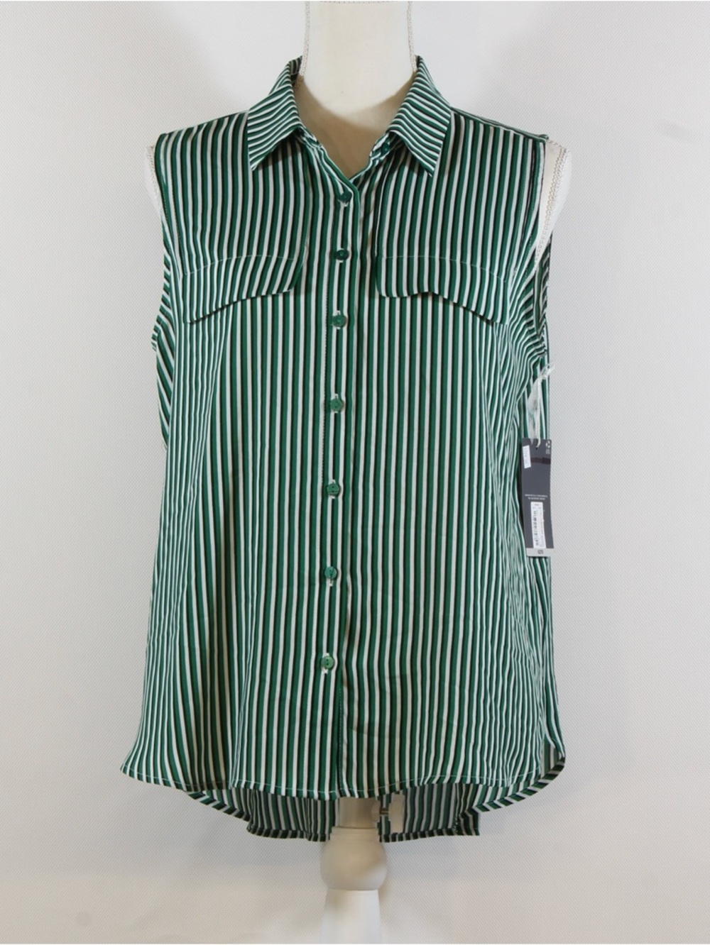 Worthington Women's Sleeveless Green & White Striped Button-Front Blouse NWT